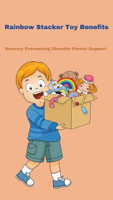 boy with sensory processing disorder carrying box of sensory toys and rainbow stacker toy Rainbow Stacker Toy Benefits