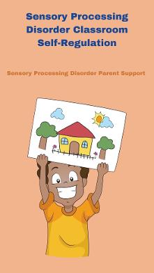 little boy in classroom with sensory processing disorder happy holding up his art work from school Sensory Processing Disorder Classroom Self-Regulation