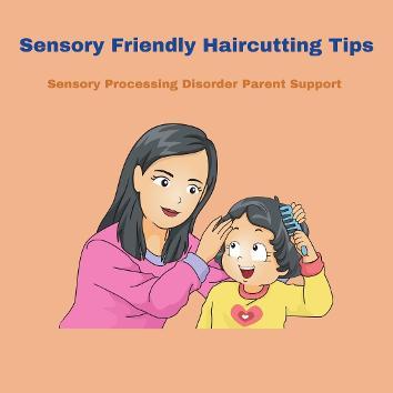 hairstylist brushing cutting child's hair who has sensory processing disorder Over 30 Sensory Friendly Haircutting Tips   