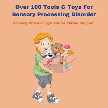 child with sensory issues carrying a box of sensory toys Over 100 Tools & Toys For Sensory Processing Disorder 